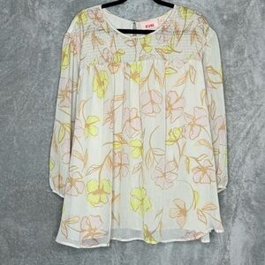 Evri 4X Shirt Top‎ Cream Floral Flower 3/4 Sleeve Round Neck Sheer Button Back
